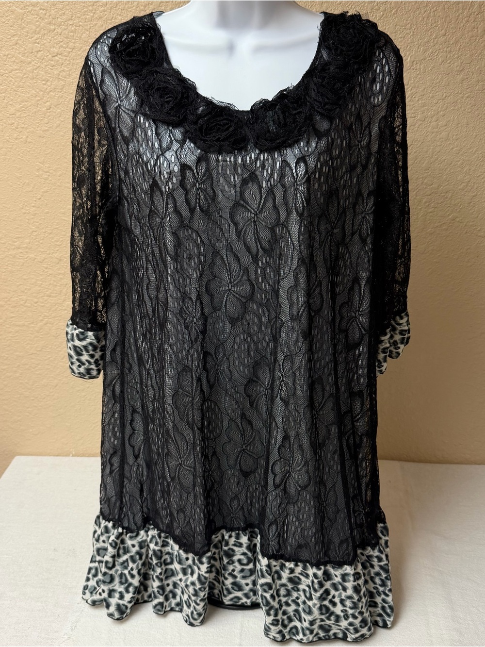 4/$20 Firmiana Lily Black Lace Overlay Women's Top with Leopard Trim